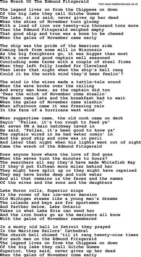 The Wreck of the Edmund Fitzgerald Lyrics by Gordon Lightfoot from the Songbook album- including song video, artist biography, translations and more: The legend lives on from the Chippewa on down Of the big lake they called 'Gitche Gumee' The lake, it …